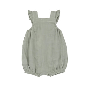 3-6mos Desert Sage Solid Organic Cotton Muslin Smocked Front Overall Shortie