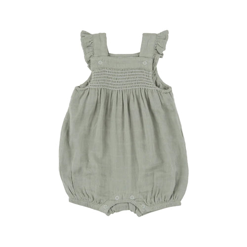 3-6mos Desert Sage Solid Organic Cotton Muslin Smocked Front Overall Shortie