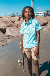 Paradise Palm Button Down Shirt in Blue Grotto