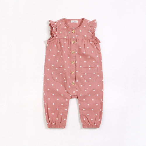 24mos Daisies on Pink Sunset Crosshatch Linen Blend Playsuit Romper