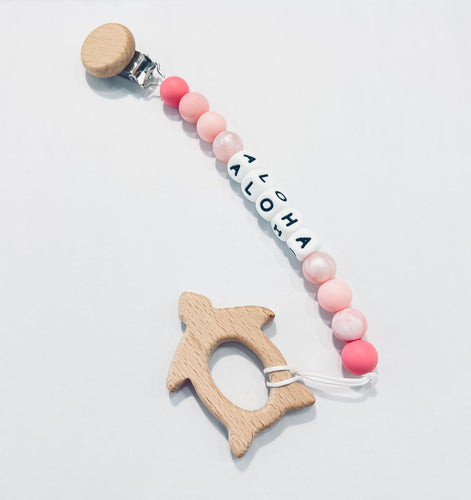 MADE IN HAWAII Silicone Paci Clip with Wooden Honu (Turtle) Teether - Pink Pearl