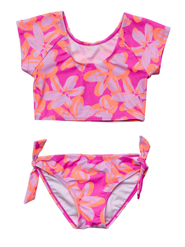 3-4yrs Hibiscus Hype Crop Short Sleeve Rash Top Bikini Set