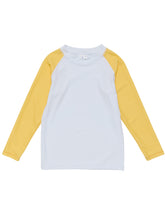 5-6yrs, 7-8yrs, 9-10yrs - Sustainable Long Sleeve Rash Top in White with Yellow Sleeves