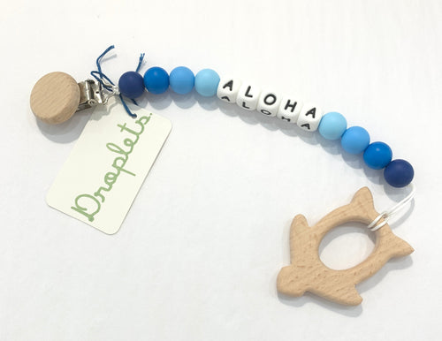 MADE IN HAWAII Silicone Paci Clip with Wooden Honu (Turtle) Teether - Blue