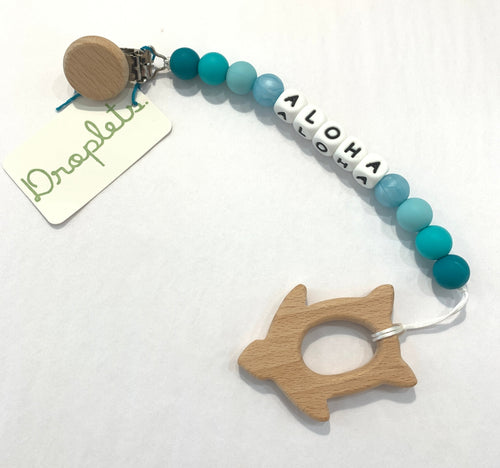 MADE IN HAWAII Silicone Paci Clip with Wooden Honu (Turtle) Teether - Teal