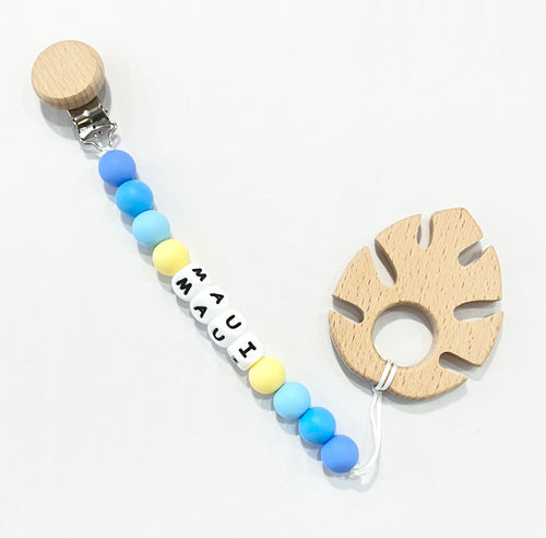 MADE IN HAWAII Silicone Maui Paci Clip with Wooden Monstera Teether