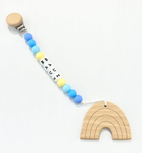 MADE IN HAWAII Silicone Maui Paci Clip with Wooden Rainbow Teether