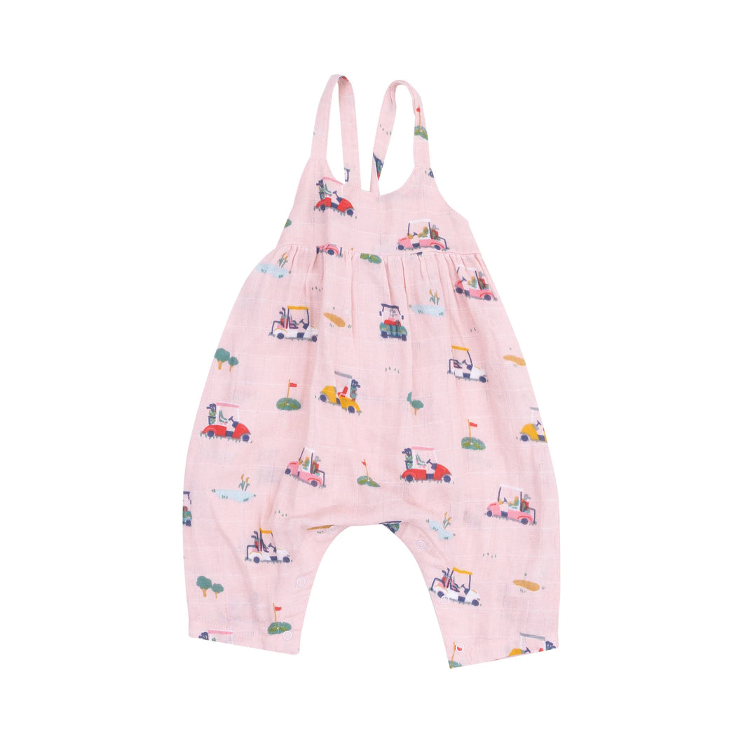 Golf Cart Cuties - Pink Organic Cotton Muslin Tie Back Romper