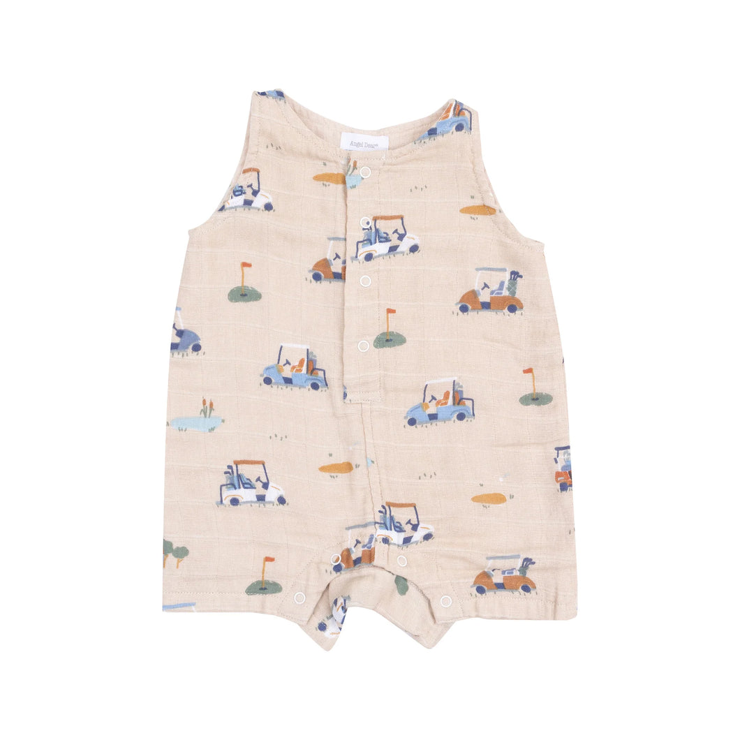 Golf Carts Cuties - Oatmilk Organic Cotton Muslin Sleeveless Shortie Romper