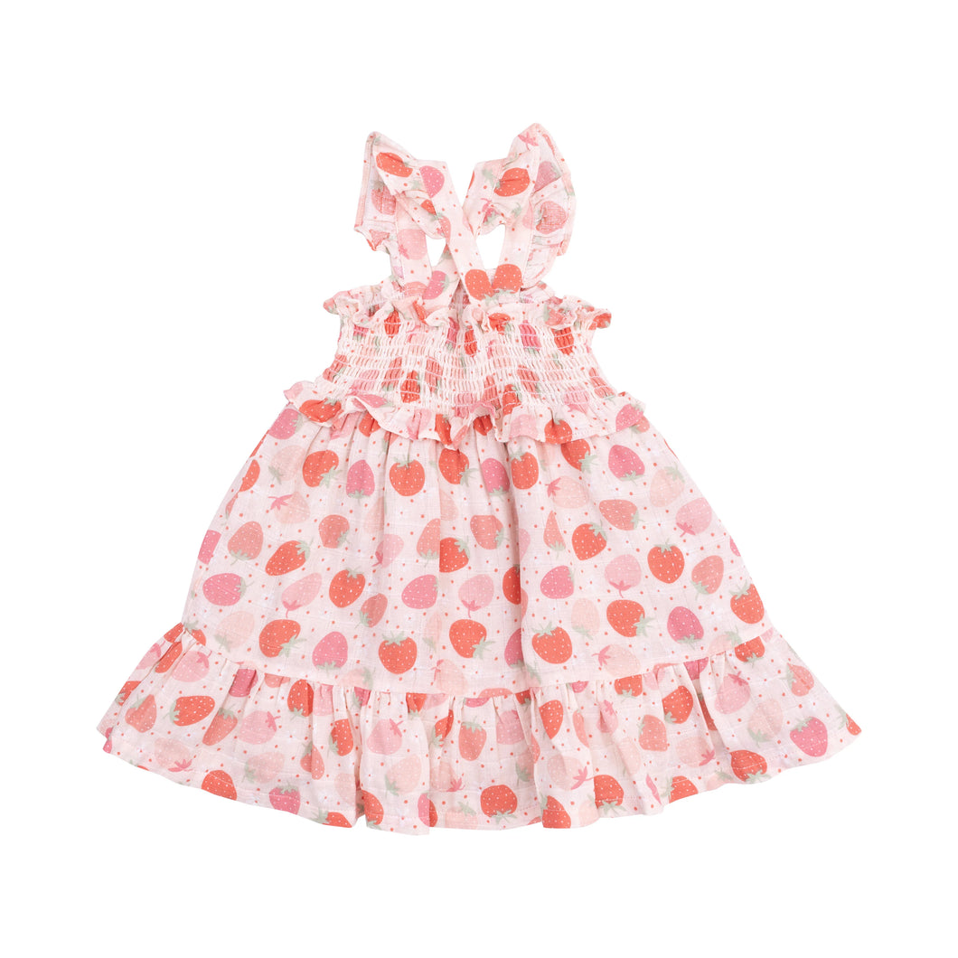 2yrs, 3yrs Strawberry Bliss Organic Cotton Muslin Smocked Ruffle Sundress & Diaper Cover