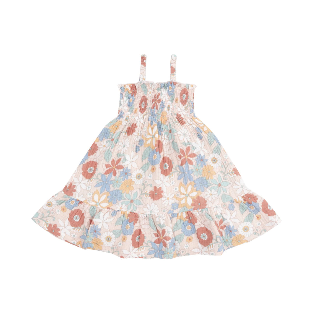 Tropical Retro Floral Organic Cotton Muslin Tie Strap Smocked Sundress & Diaper Cover