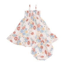 Tropical Retro Floral Organic Cotton Muslin Tie Strap Smocked Sundress & Diaper Cover