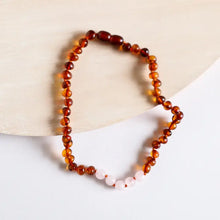 Polished Cognac Baltic Amber + Rose Quartz|| Necklace