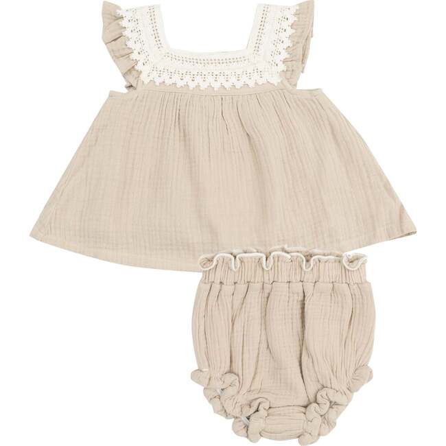Solid Oxford Tan Organic Pinafore & High Waisted Diaper Cover