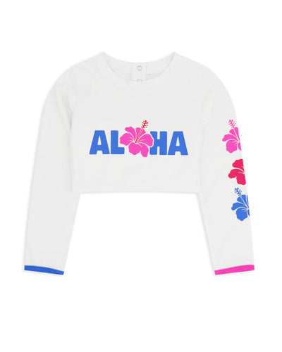 Aloha High Tide Crop Long Sleeve Rash Guard Top in White
