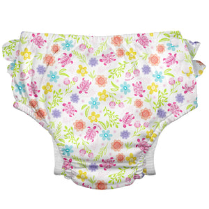 Eco Snap Ruffled Swim Diaper with Gussets in White Turtle Floral