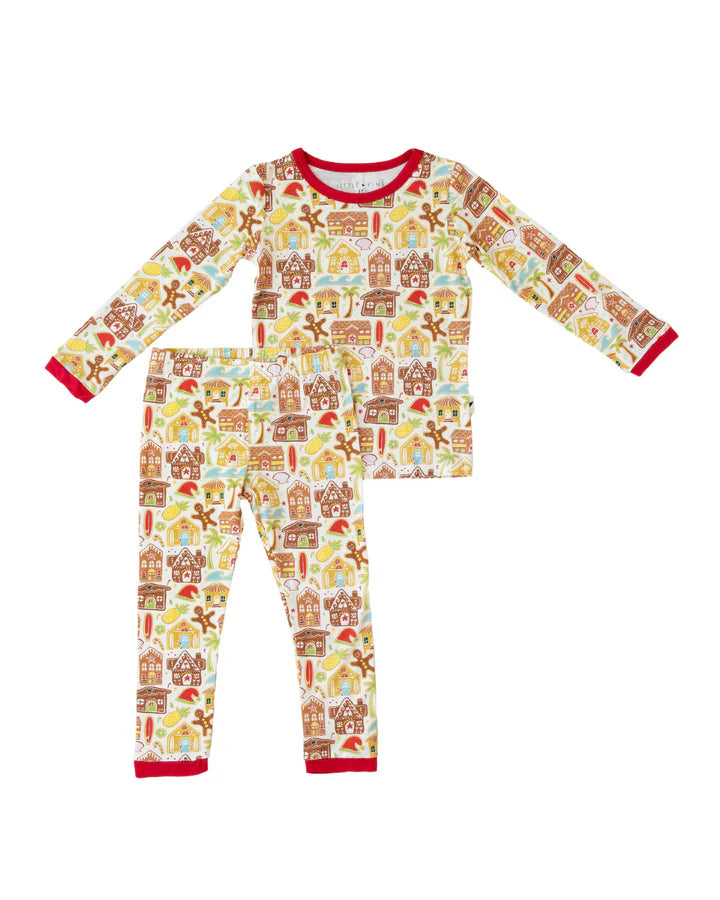Designed on Maui - Holiday Santa's Surf Shack Long Sleeve Kids Two-Piece Pajama Set