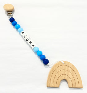 MADE IN HAWAII Silicone Aloha Paci Clip with Wooden Rainbow Teether - Blue