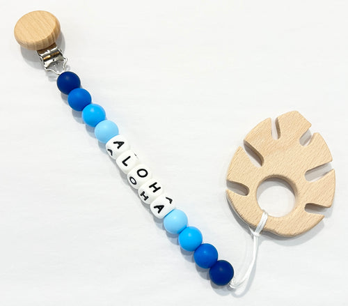 MADE IN HAWAII Silicone Aloha Paci Clip with Wooden Monstera Teether - Blue