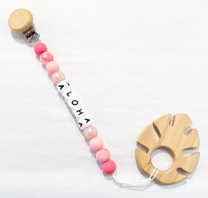 MADE IN HAWAII Silicone Aloha Paci Clip with Wooden Monstera Teether - Pink Pearl