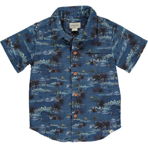 Maui Blue Hawaiian Print Woven Button Down Aloha Shirt