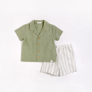 3mos Sage Leaf Crosshatch Linen Blend Shirt and Shorts 2pc Set