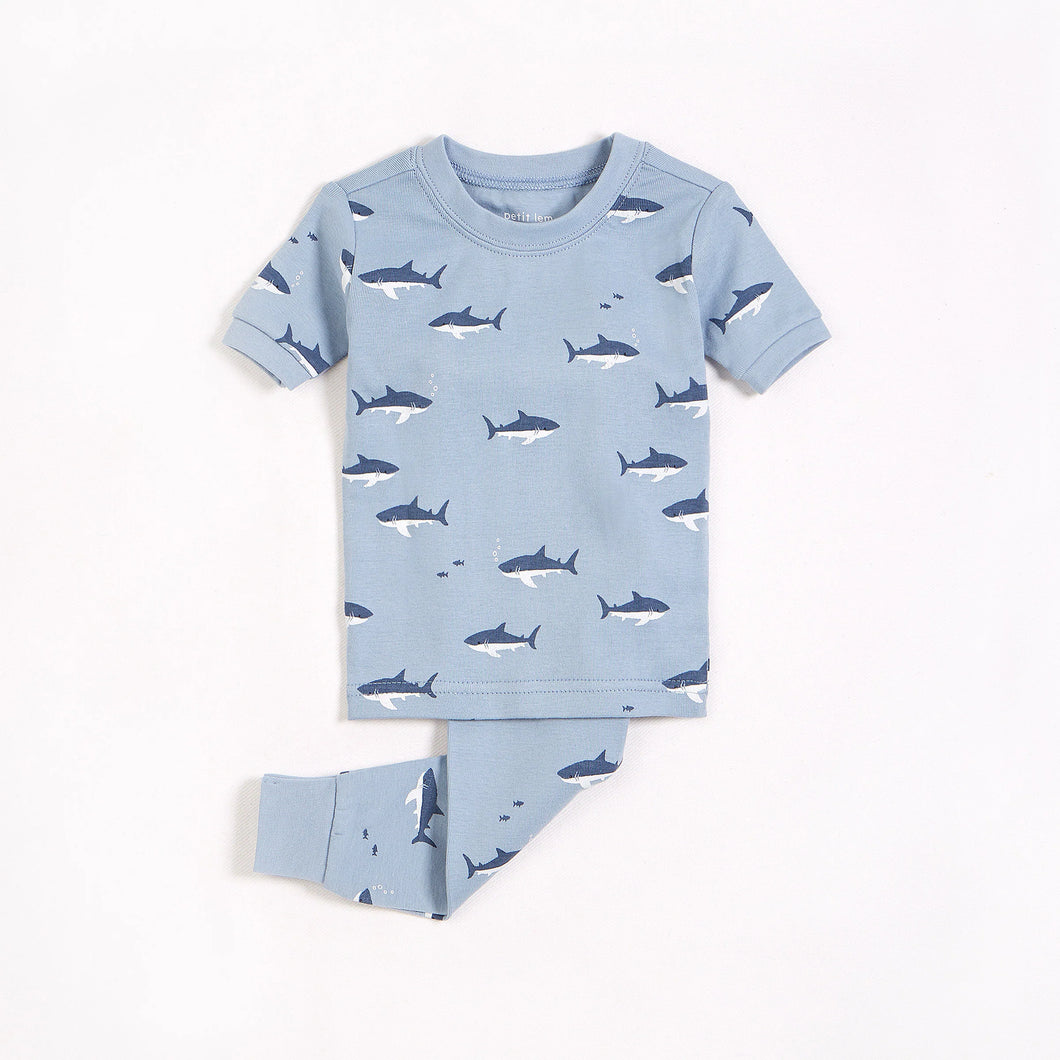 18mos, 6yrs, 7yrs, 8yrs Sharks Print on Barely Blue Short Sleeved Pajama Set