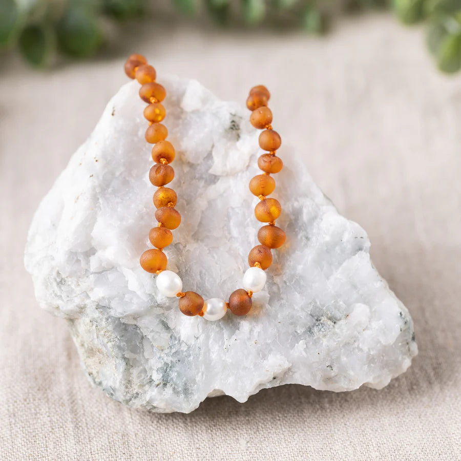 Freshwater Pearl Accent + Raw Cognac Authentic Certified Amber Necklace