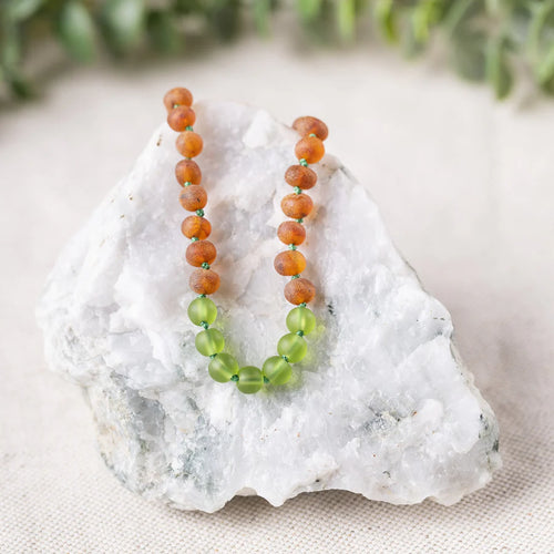 Green Sea Glass + Raw Cognac Authentic Certified Amber Necklace