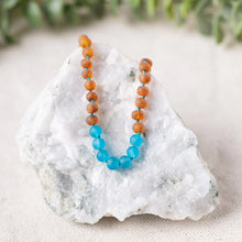 Marine Blue Sea Glass + Raw Cognac Authentic Certified Amber Necklace