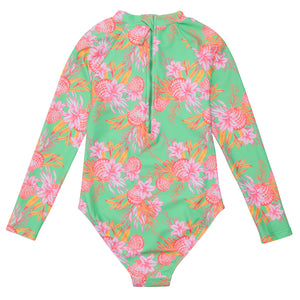 3yrs, 4yrs Coastal Shells Sustainable Long Sleeve Leg Frill Surf Suit