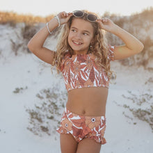 Tan Tropical Print Ruched Shirred 2 Piece Swimsuit