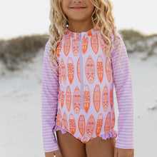 Lavender Aloha Surfboard Zip Rash Guard One Piece Swimsuit