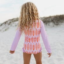 Lavender Aloha Surfboard Zip Rash Guard One Piece Swimsuit