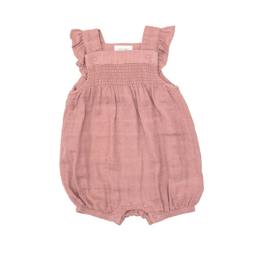 Organic Cotton Solid Muslin Rose Tan Smocked Overall Shortie