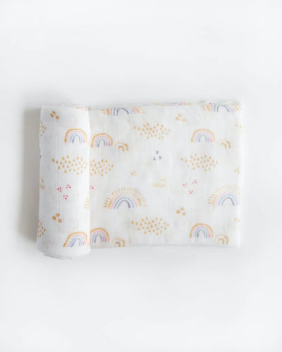 Deluxe 100% Bamboo Muslin Swaddle in Rainbows and Raindrops