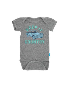 New Born, 6mos Keep It Country Onesie in Gray