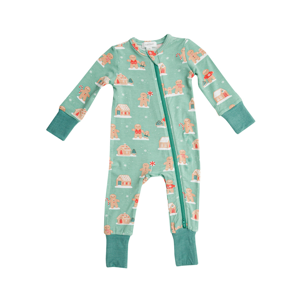 0-3mos, 18-24mos - Green Gingerbread 2 Way Zipper Romper Coverall