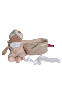 Knitted Carry Cot with Rheya Baby Dark Skin, Soother & Blanket