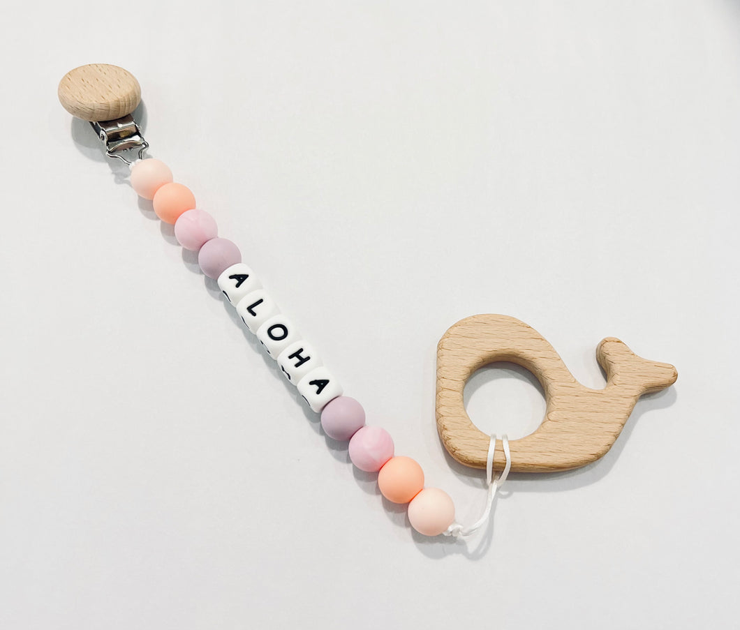 MADE IN HAWAII Silicone Aloha Paci Clip with Wooden Whale Teether - Lavender / Pink / Peach