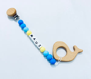 MADE IN HAWAII Silicone Maui Paci Clip with Wooden Whale Teether
