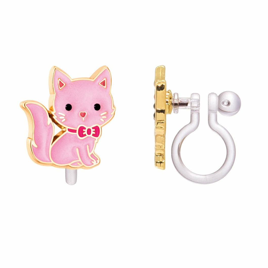 Pink Kitty Clip on Earrings