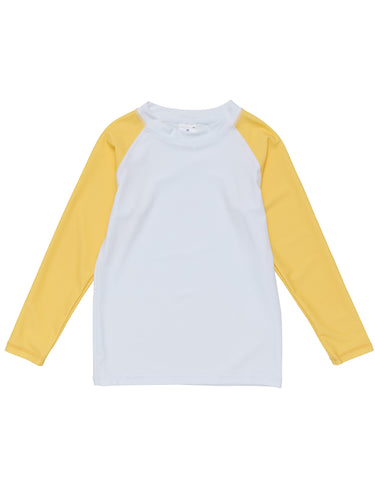 5-6yrs, 7-8yrs, 9-10yrs - Sustainable Long Sleeve Rash Top in White with Yellow Sleeves