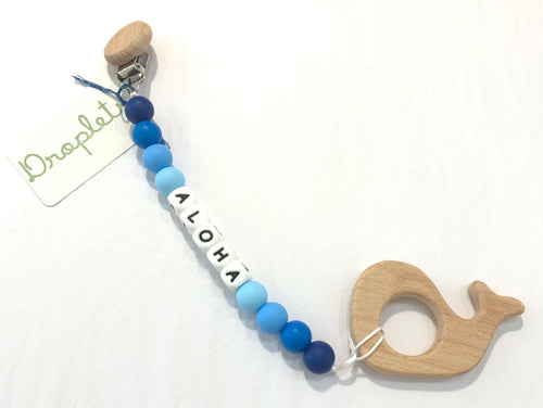 MADE IN HAWAII Silicone Aloha Paci Clip with Wooden Whale Teether - Blue