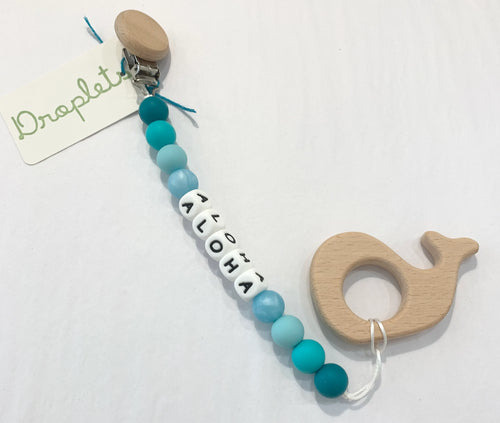 MADE IN HAWAII Silicone Aloha Paci Clip with Wooden Whale Teether - Teal