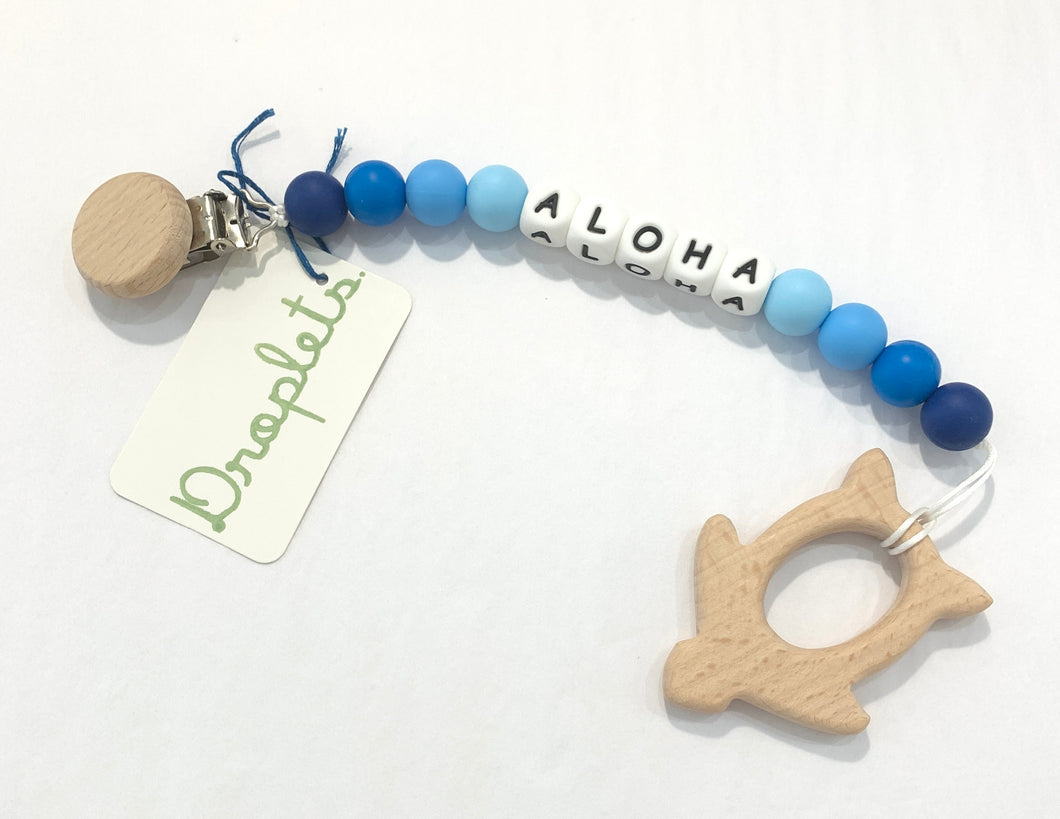 MADE IN HAWAII Silicone Paci Clip with Wooden Honu (Turtle) Teether - Blue