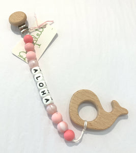 MADE IN HAWAII Silicone Aloha Paci Clip with Wooden Whale Teether - Pink Pearl